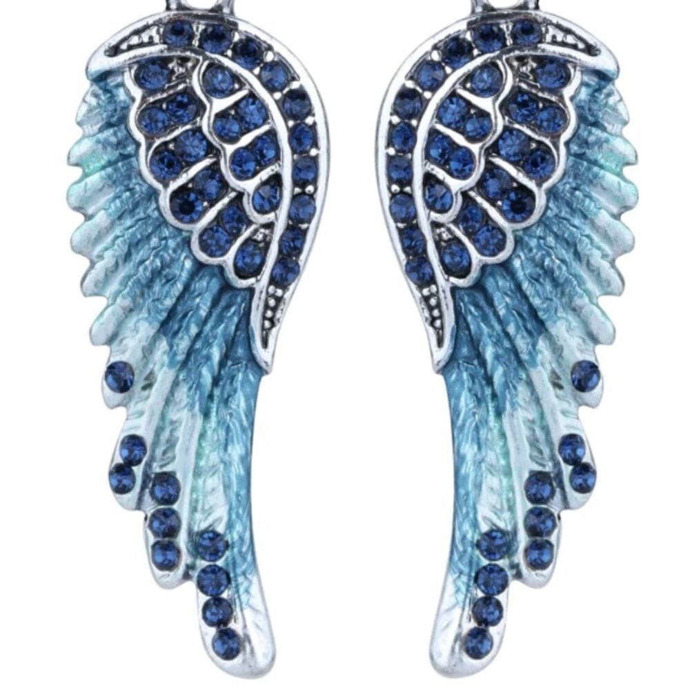Silver with Blue Sapphire Crystal Angel Wing Dangle Drop French Hook Earrings - Picture 2 of 4